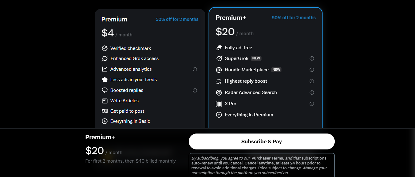 订阅页选择 Premium+ 后点击 Subscribe & Pay