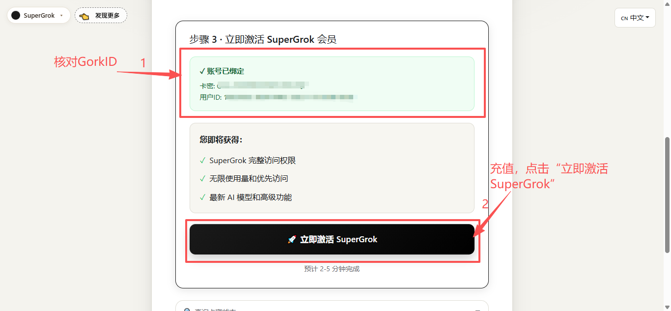 填写卡密和 Grok ID