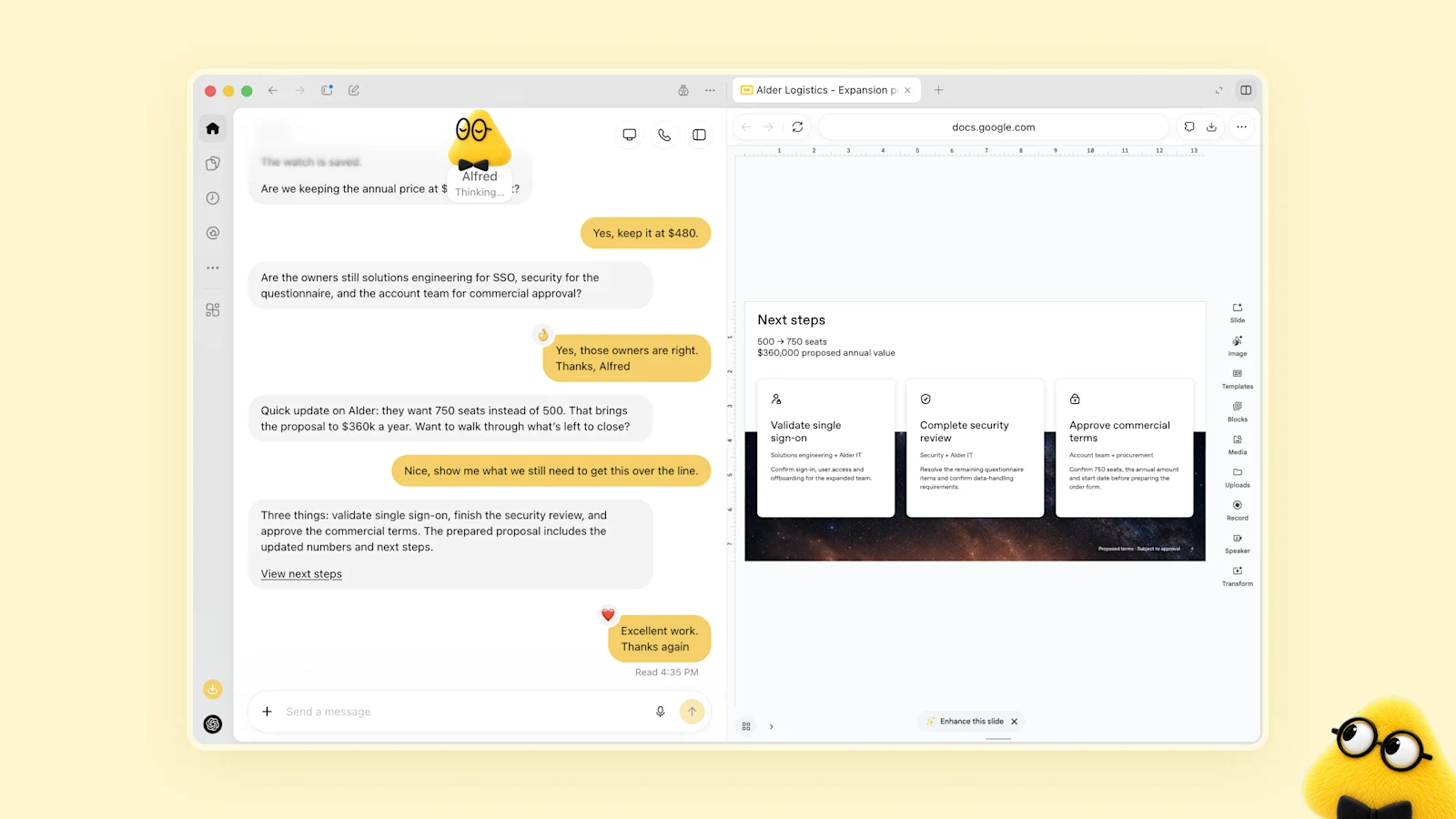 黄色 dot Alfred 在一份列明成交步骤的文档旁讨论企业提案（图片来源：OpenAI 官网）