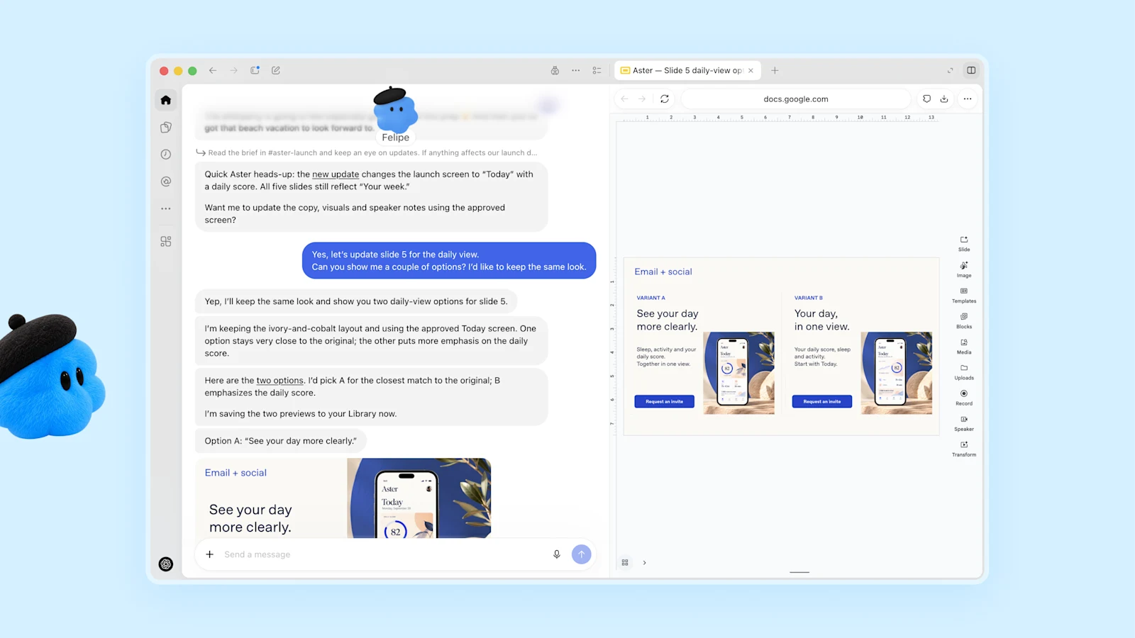 蓝色 dot Felipe 在两版邮件与社媒设计旁修订发布材料（图片来源：OpenAI 官网）