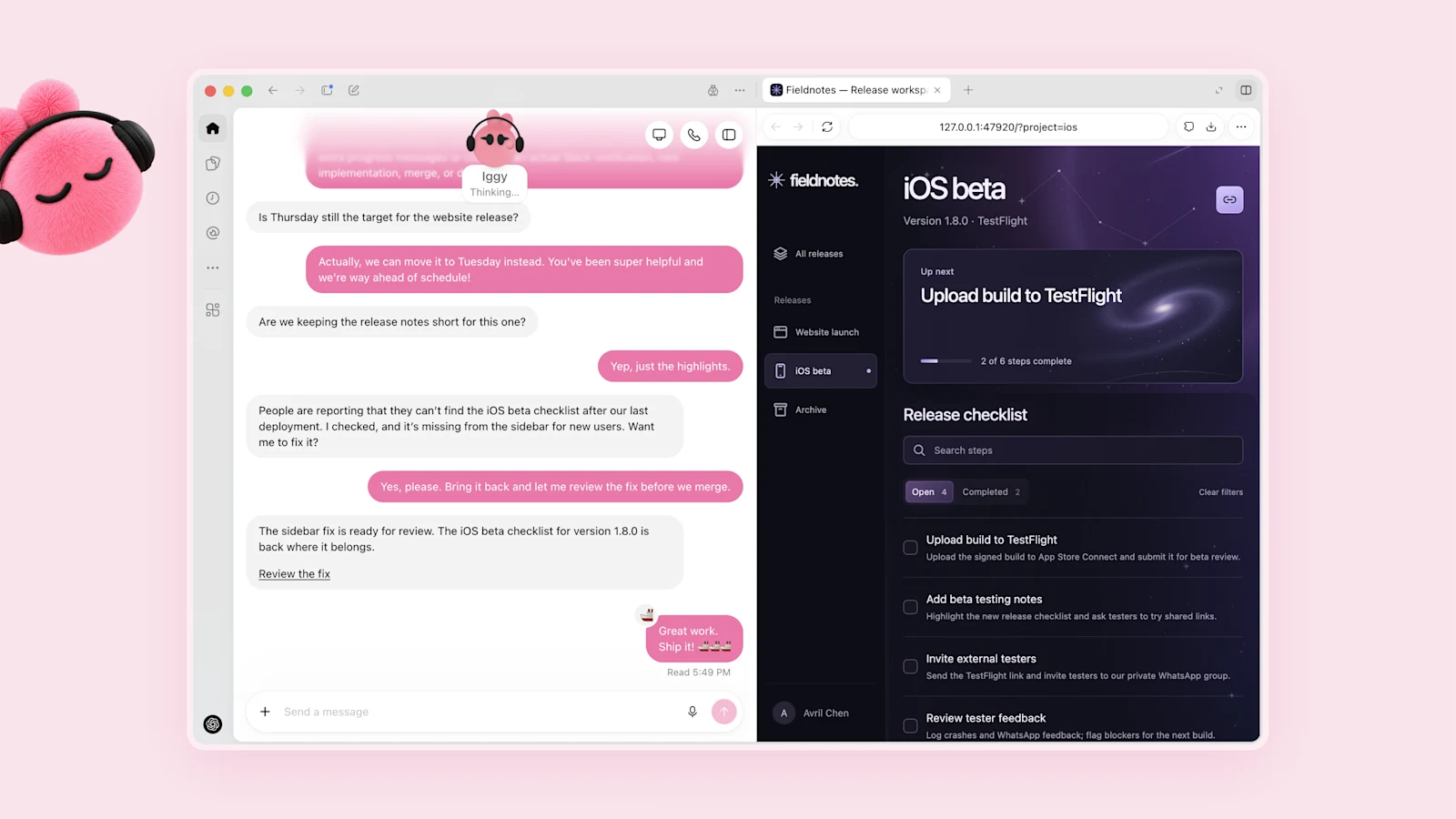 粉色 dot Iggy 在发布工作台旁整理 iOS 内测修复清单（图片来源：OpenAI 官网）