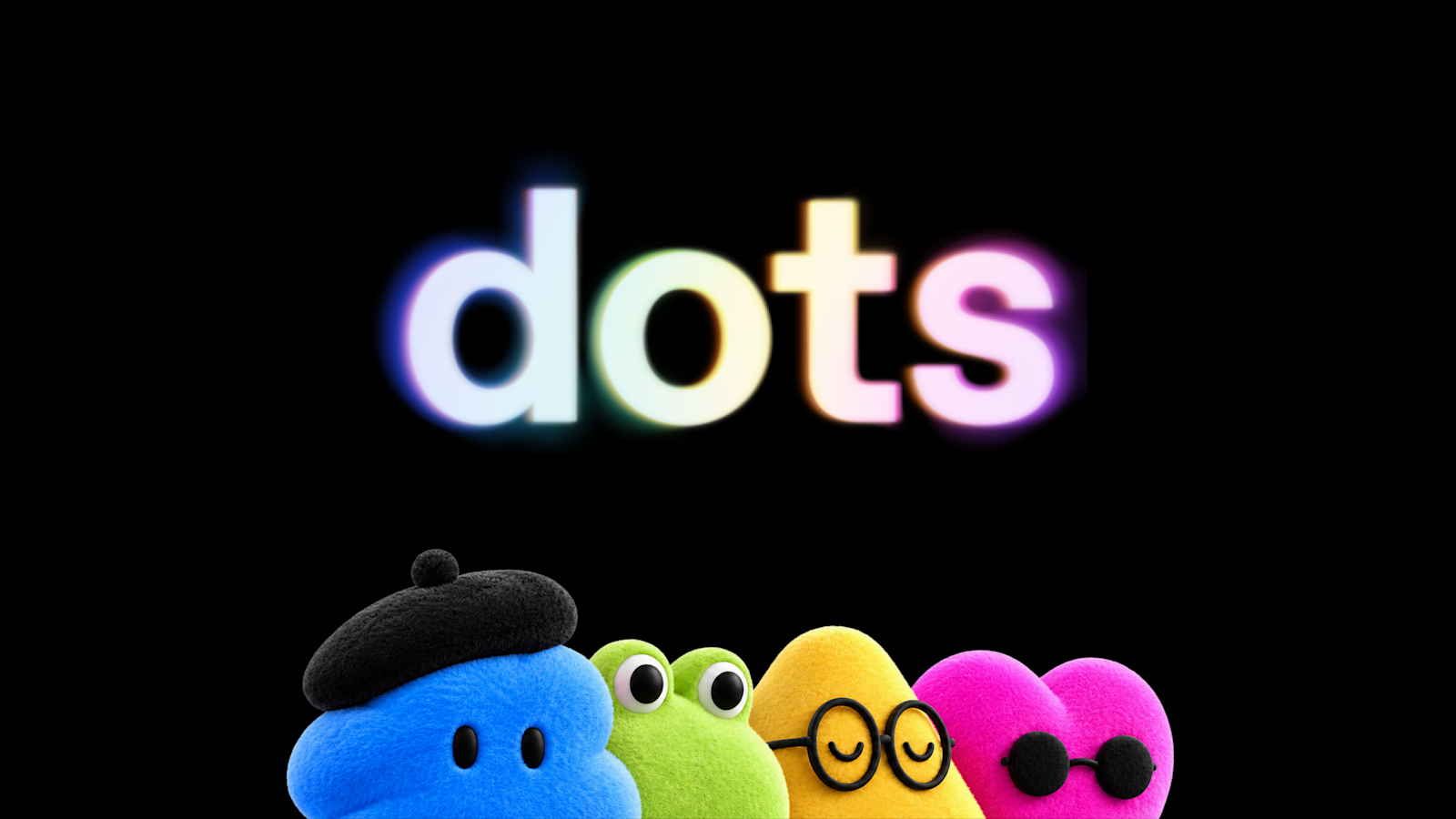 dots 官方主视觉：发光的 dots 标志与四只彩色圆点角色（图片来源：OpenAI 官网）