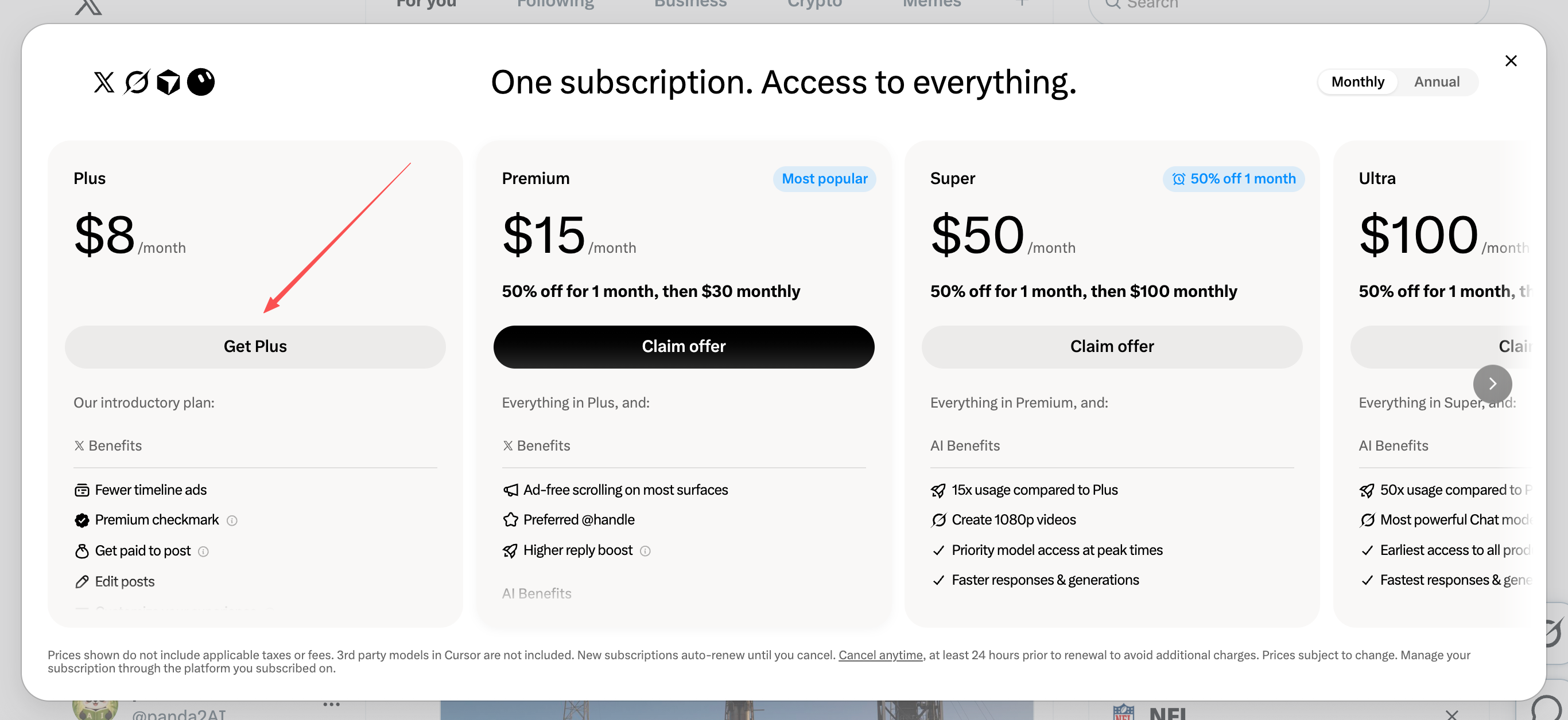 选择 The X Subscription 套餐档位