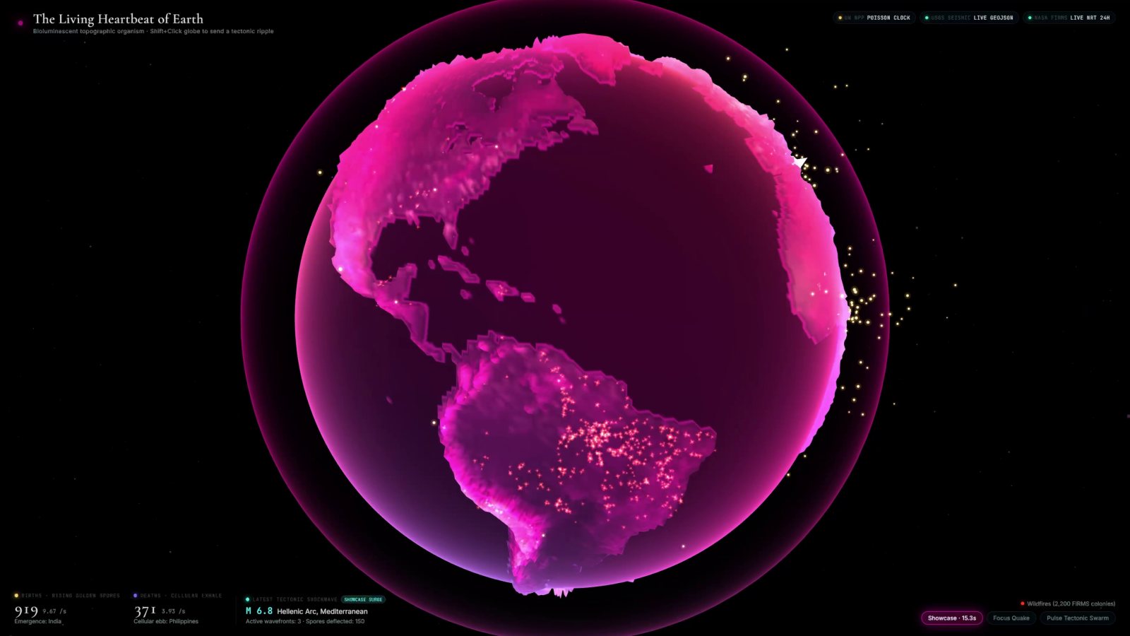 可交互 3D 地球，亮点对应火点和地震数据
