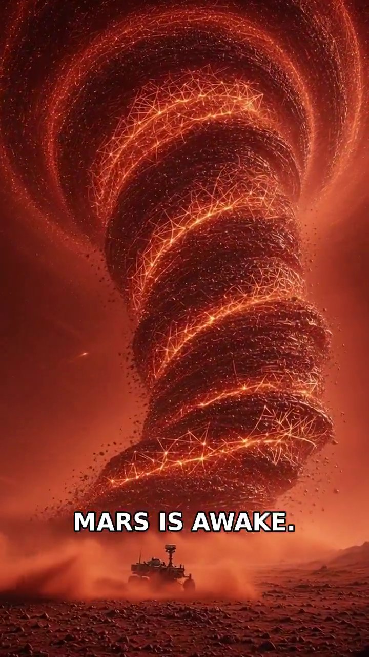 火星沙暴和探测车，字幕 MARS IS AWAKE.