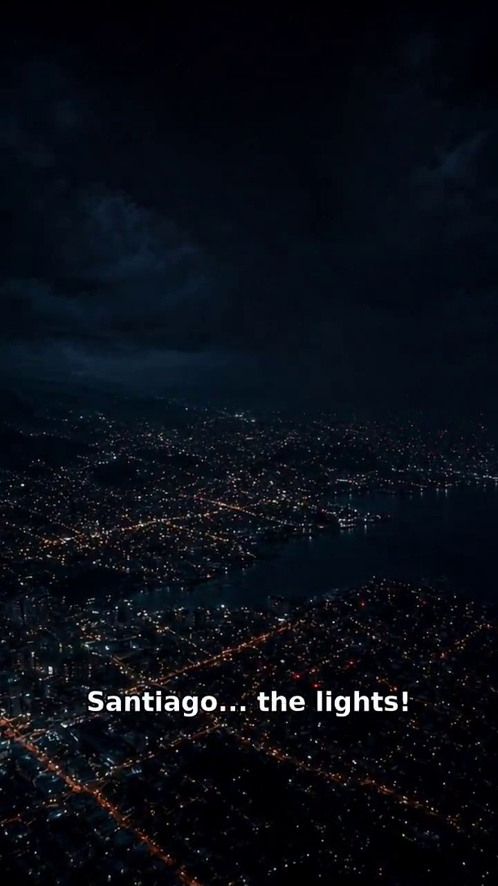 城市夜景航拍，字幕 Santiago... the lights!