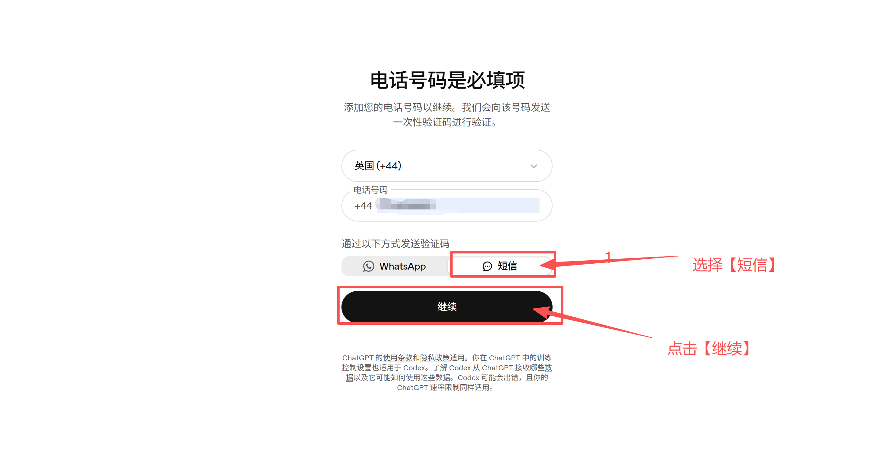 选择短信并继续