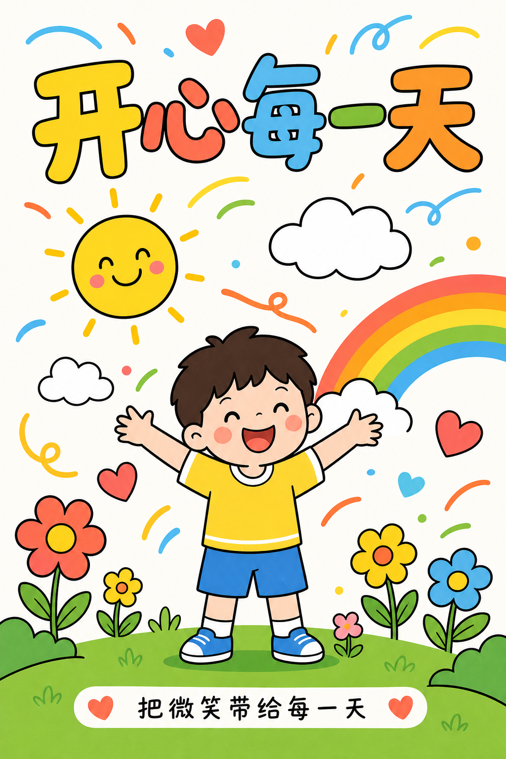 一张明艳积极的“开心每一天”简笔宣传海报。